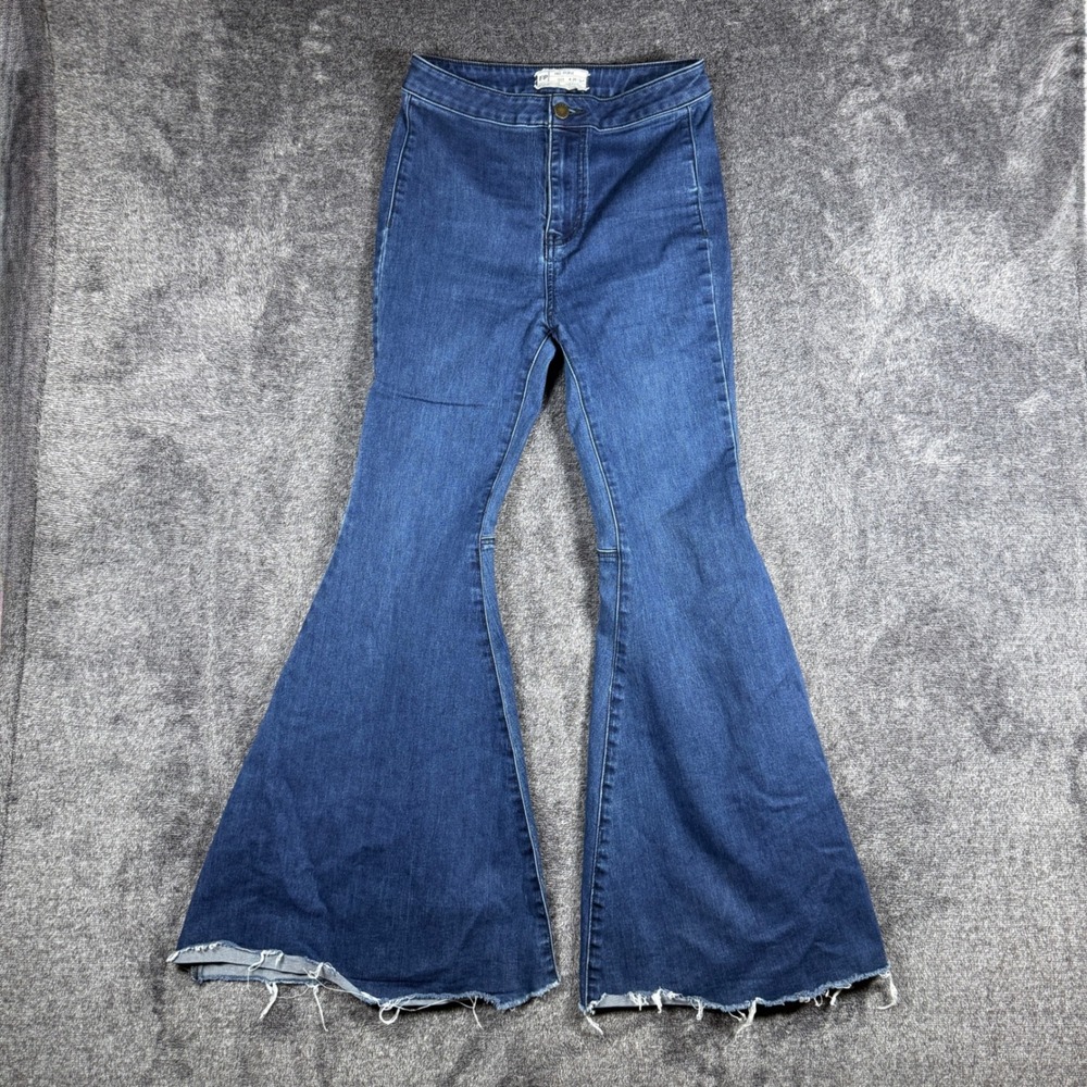 Free People Just Float On Flare Jeans Blue High Rise Bell Bottom Raw Hem 26S